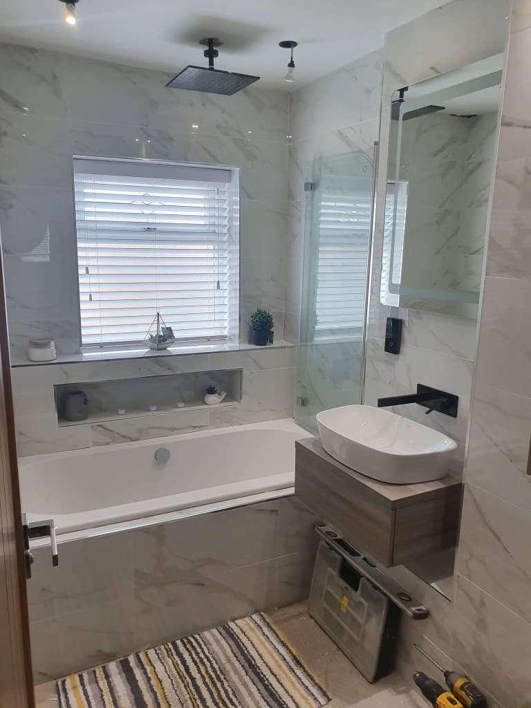 Marble bathroom with matte black fixtures